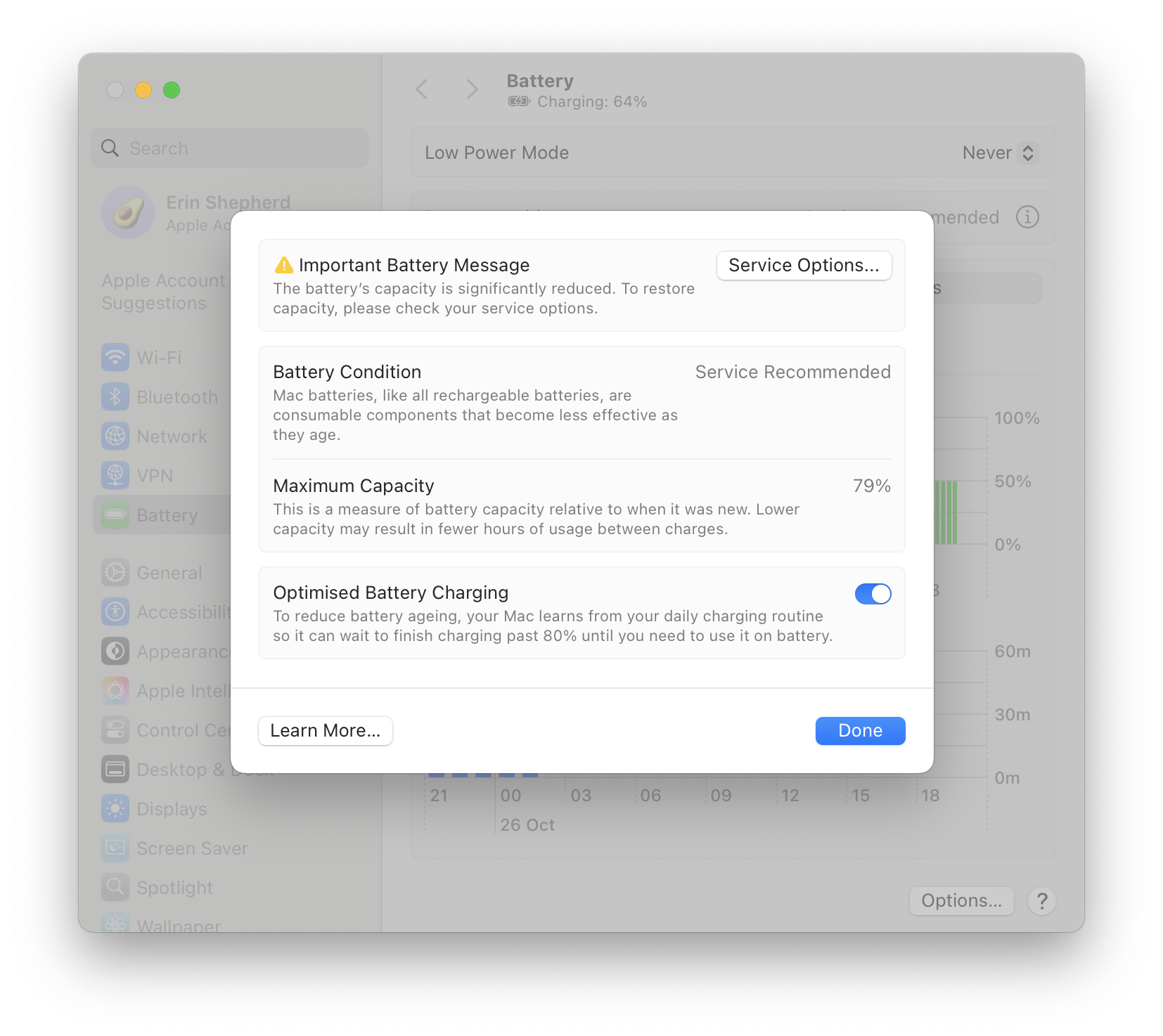 macOS dialog saying "⚠️ Important Battery Message: The battery's capacity is significantly reduced. To restore capacity, please check your service options", Condition: "Service Recommended", and Maximum Capacity 79%