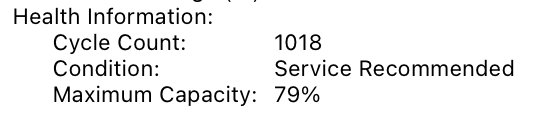 A system report except saying "Battery cycle count: 1018, State: Service recommended, Capacity: 79%"